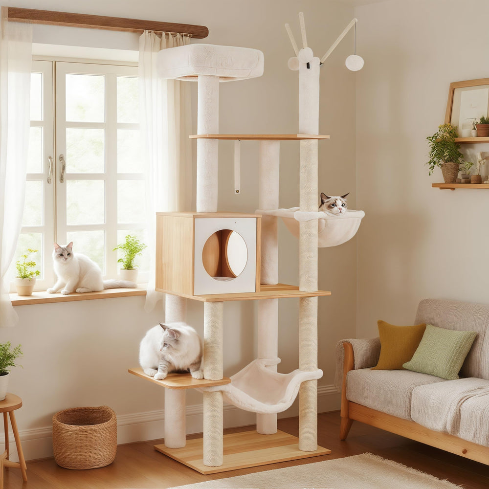 Hey-brother árbol para gatos de madera, vista frontal, complemento elegante para sala