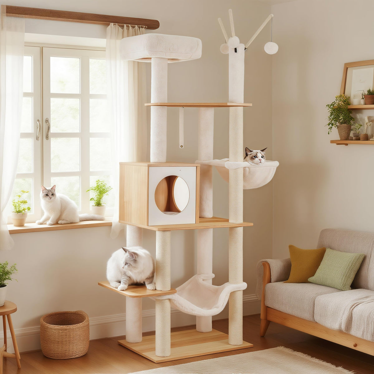 Hey-brother árbol para gatos de madera, vista frontal, complemento elegante para sala