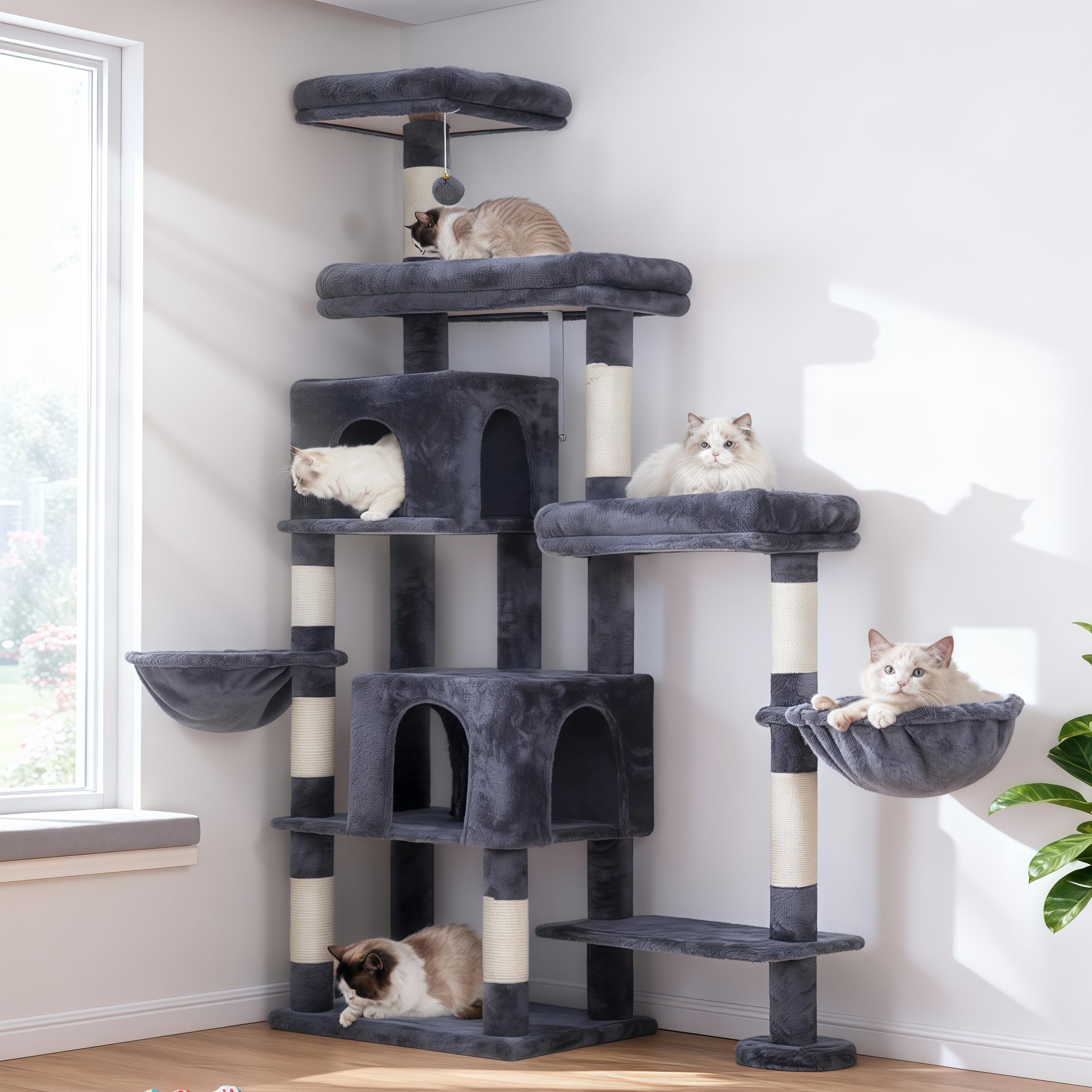 Hey-brother Cat Tree Tower muestra la parte extensible para mayor espacio y estabilidad.