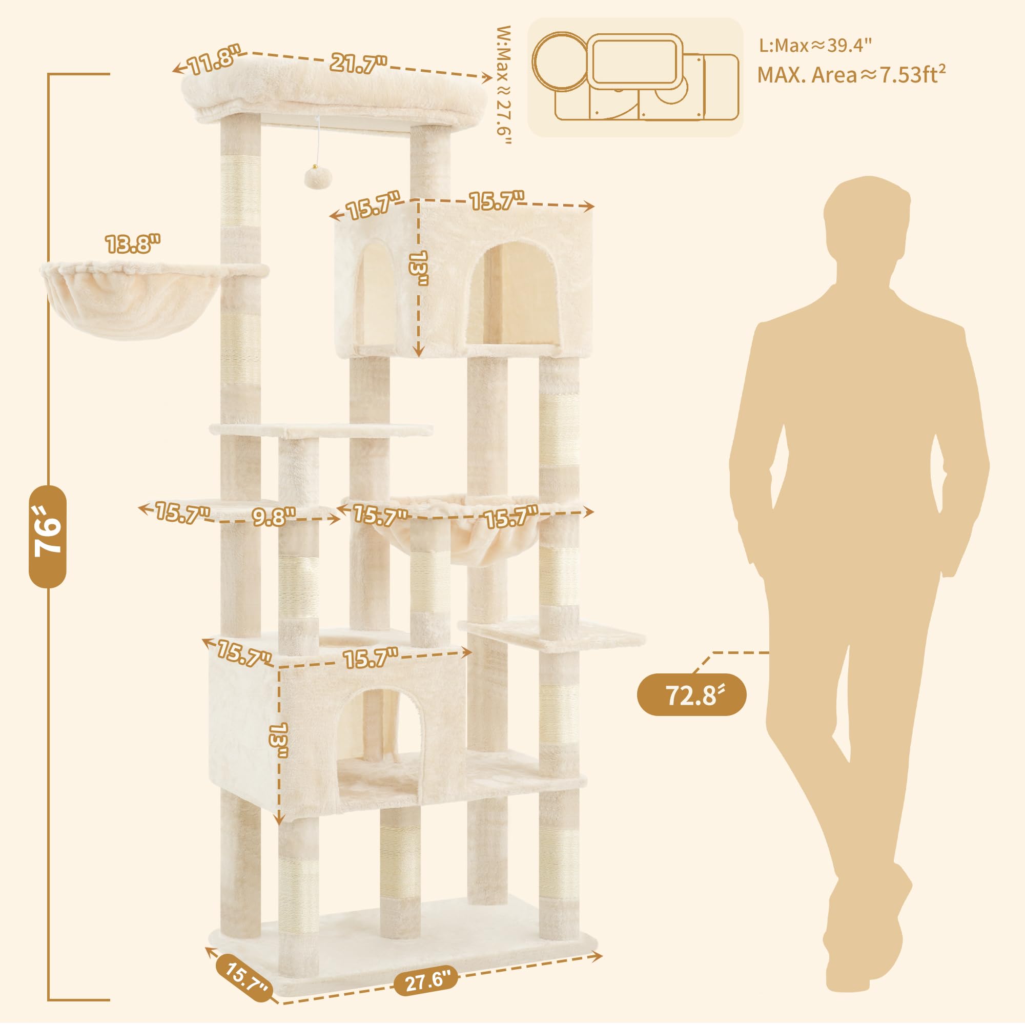 Heybly árbol para gatos 76 pulgadas: base amplia para estabilidad durante el juego