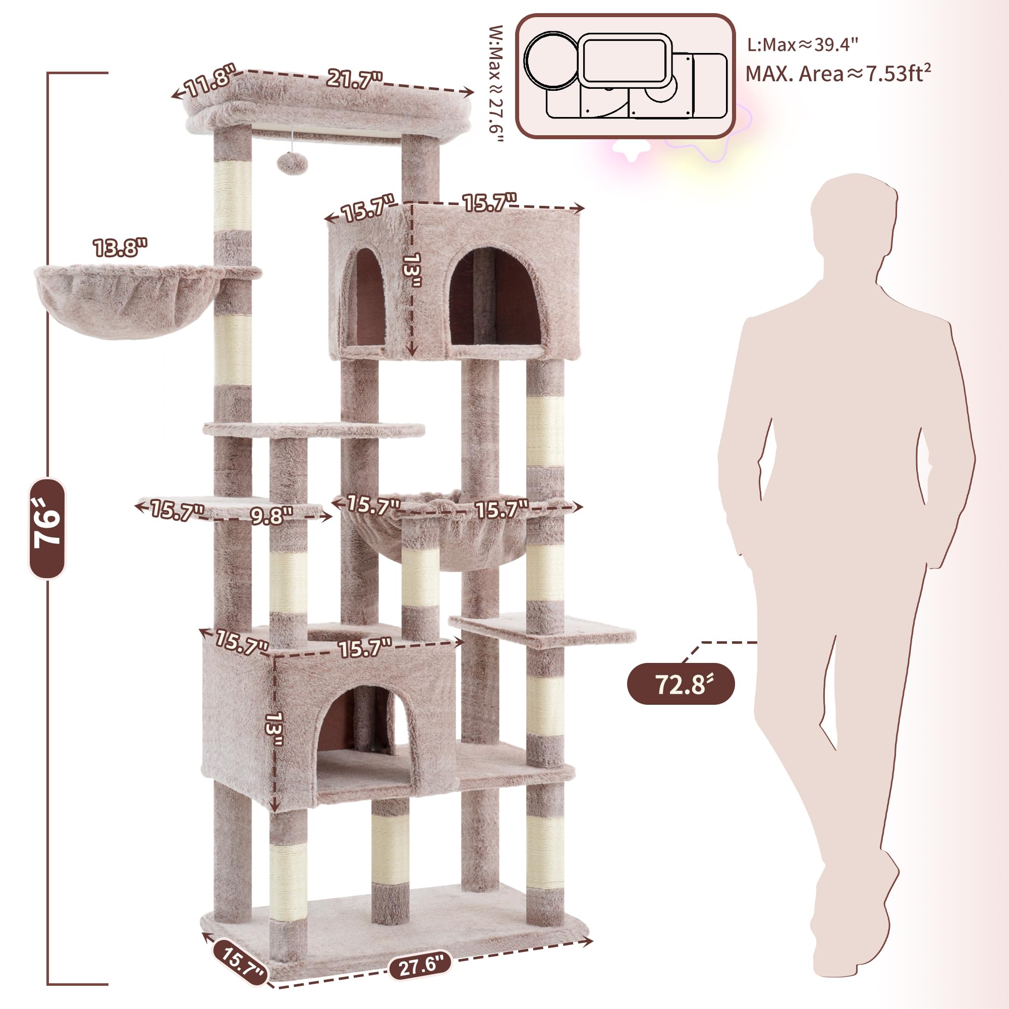 Heybly árbol-gatos base amplia 27,6 x 15,7 pulgadas, estabilidad durante juego