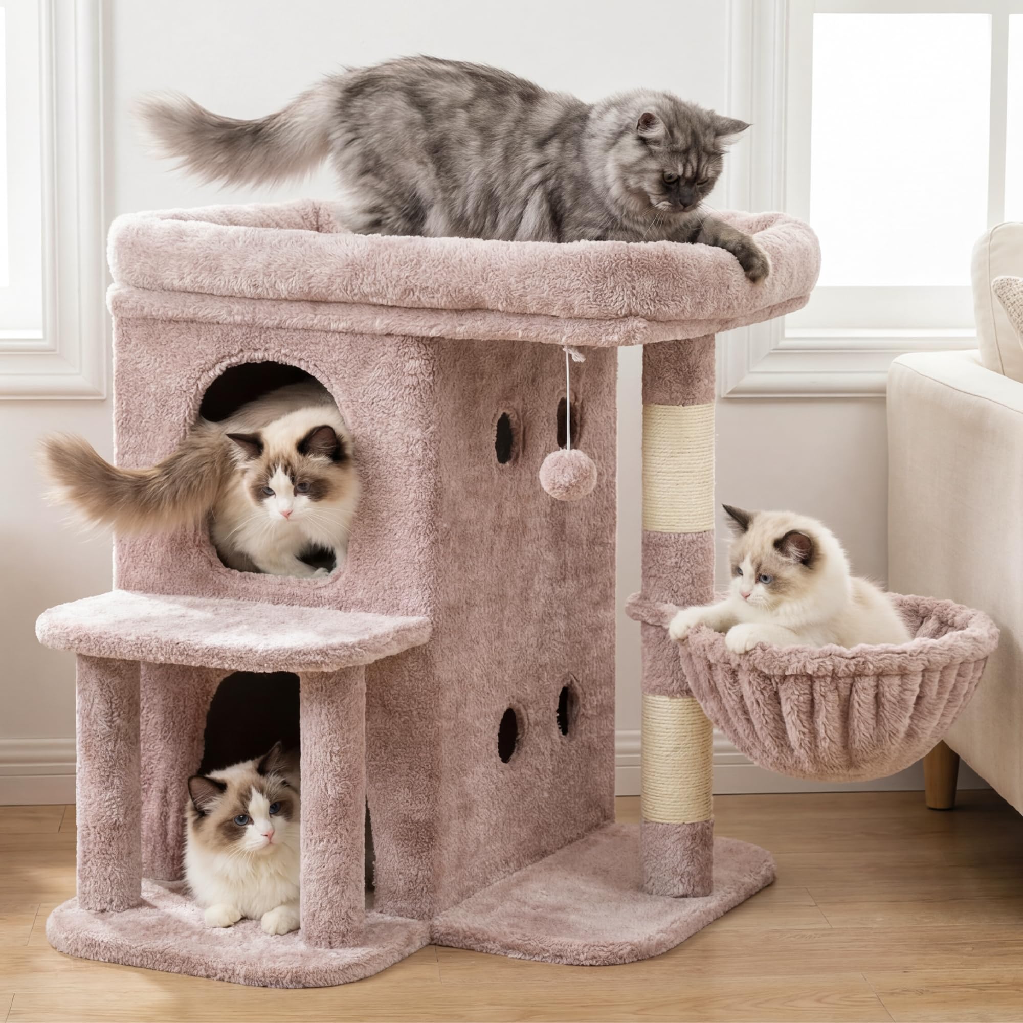 Heybly Arbol Gatos: Condo doble para gatos grandes, espacio privado para descansar.