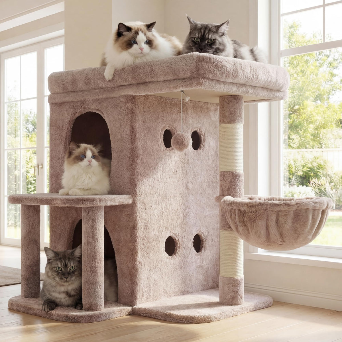 Heybly Arbol para Gatos: Percha superior amplia para gatos grandes, descanso cómodo junto a la ventana.
