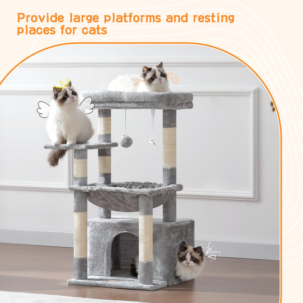 Heybly árbol para gatos con cesta grande, ideal para estirarse y relajarse.