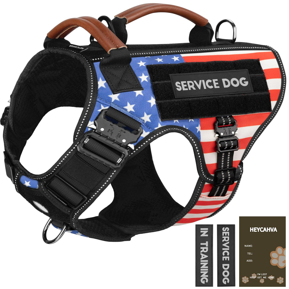 HEYCAHVA arnés de servicio XL con bandera, vista frontal y ajuste visible para caminatas nocturnas