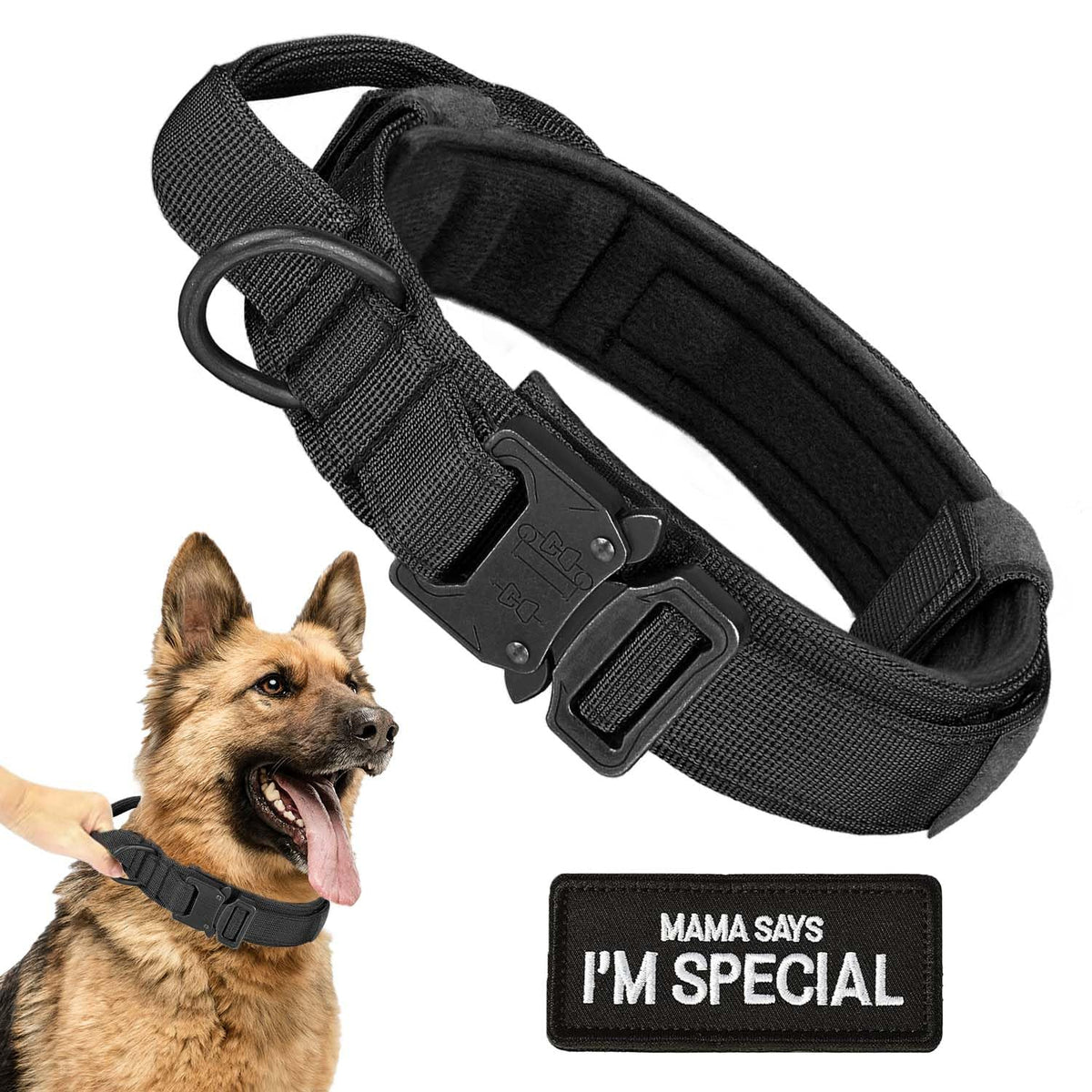 HhiMyOct collar táctico con asa para control cercano en espacios concurridos.