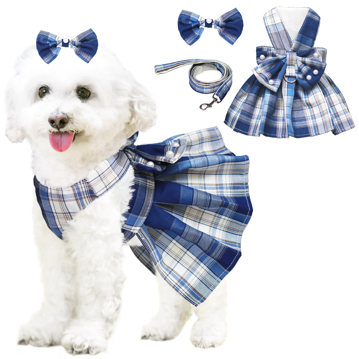 Vestido para perro HhiMyOct con plaid, lazo grande y perlas para un look encantador.