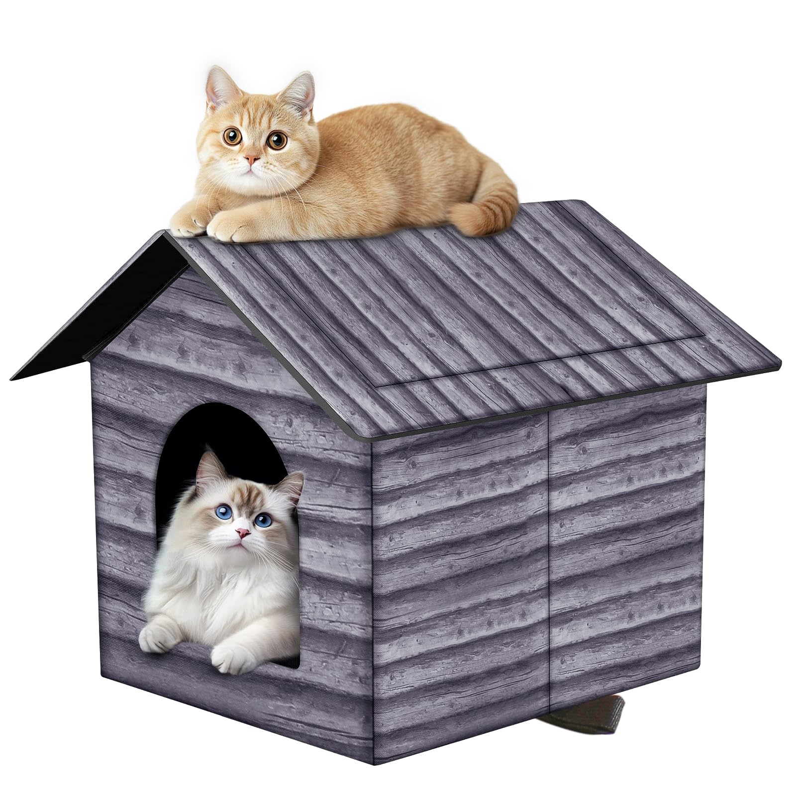 Casa hhongri-sheng para gatos, vista frontal exterior, refugio cómodo para mascotas al aire libre.