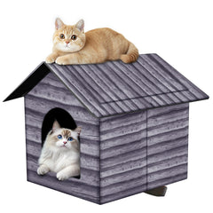 Casa hhongri-sheng para gatos, vista frontal exterior, refugio cómodo para mascotas al aire libre.