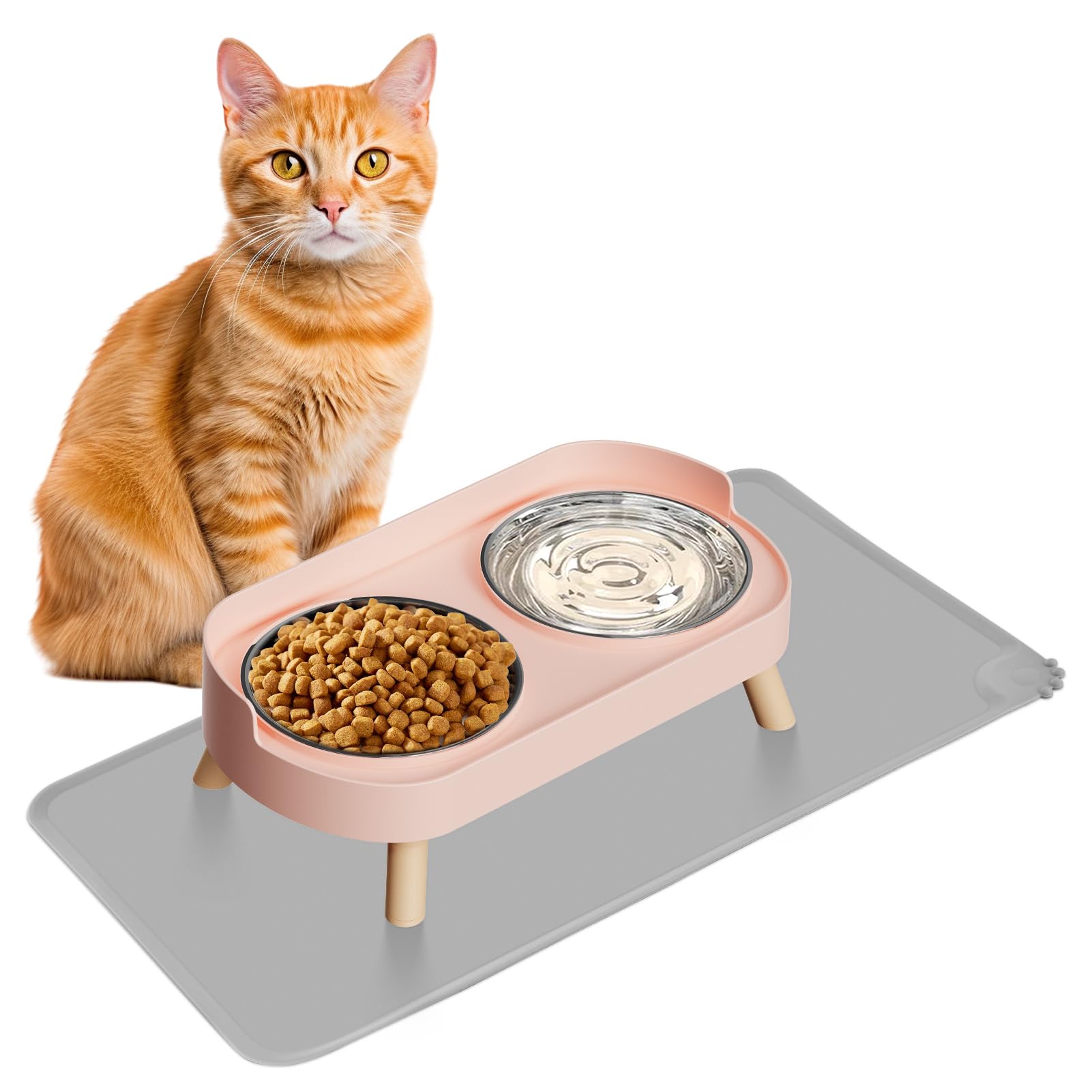 HIAIEVIY plato elevado para gatos rosa, favorece postura cómoda al comer.