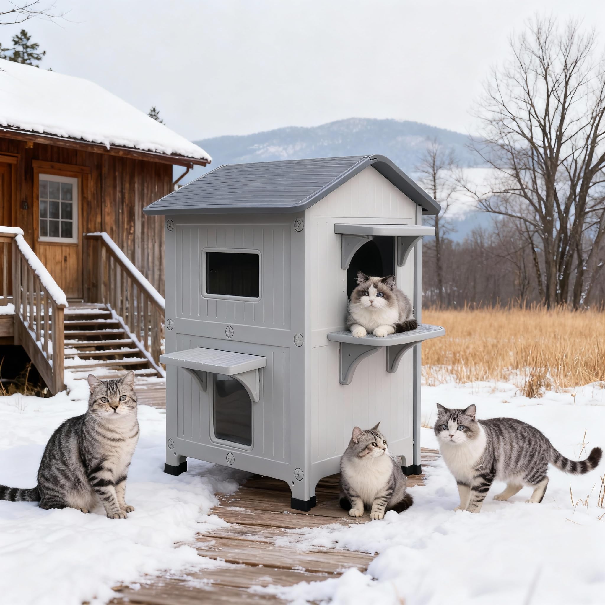 HiCaptain casa-gato exterior 2-pisos-aislada: refugio cálido para gatos ferales.
