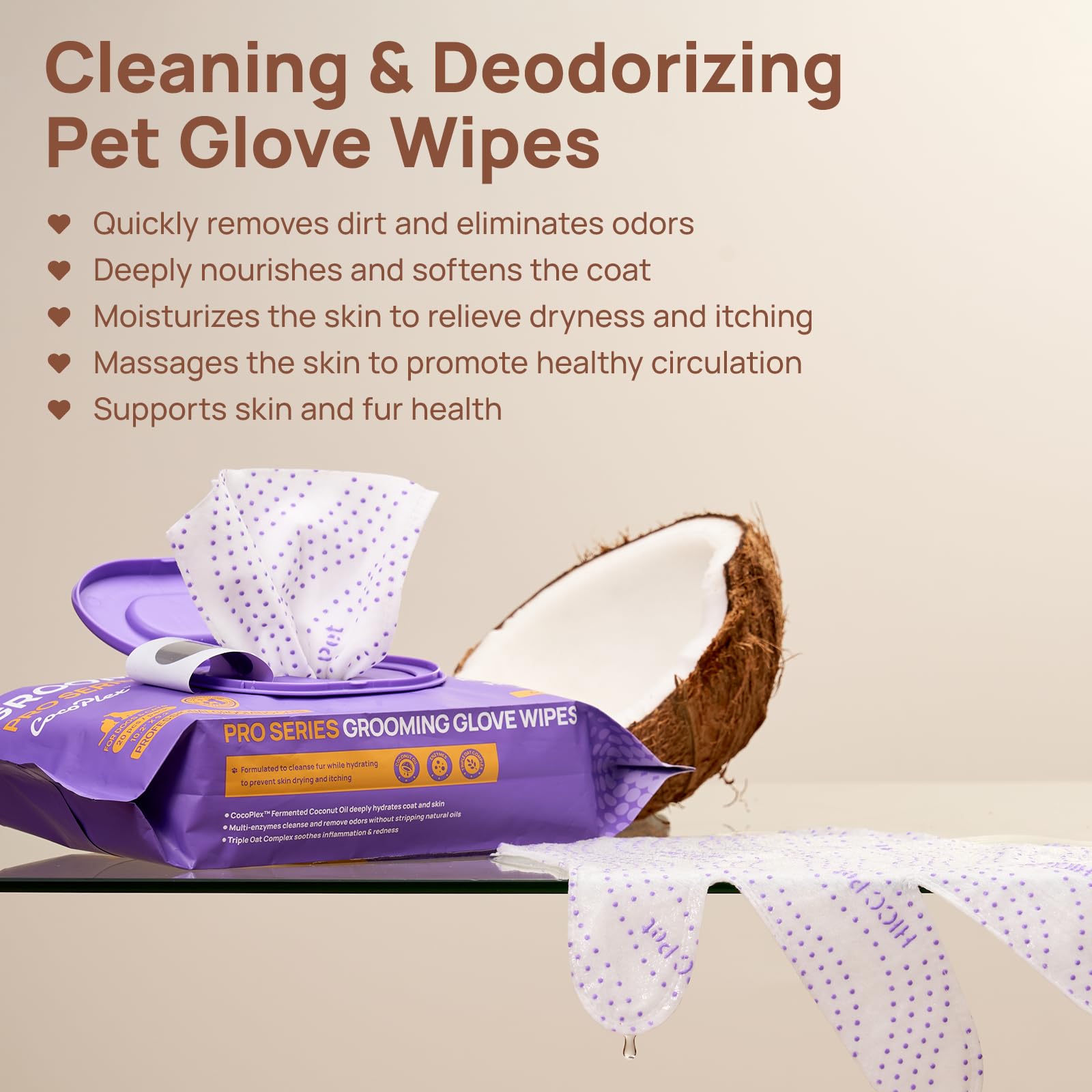 HICC PET Glove Wipes Pro, textura 3D, limpieza profunda sin irritación.