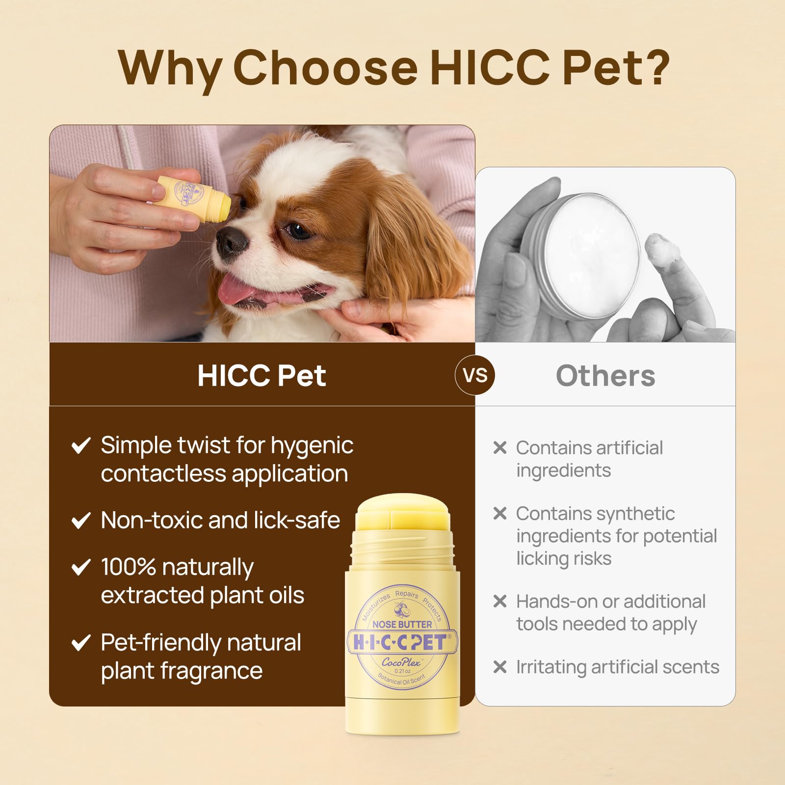Bálsamo nasal HICC PET con ingredientes vegetales para cuidado seguro.