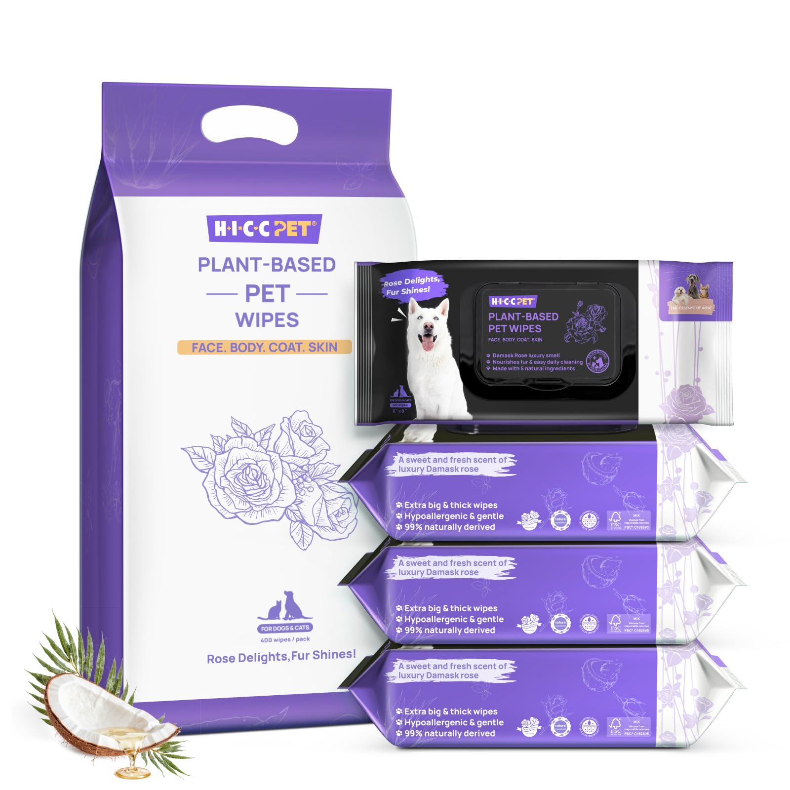 HICC PET toallitas rosas para patas y cuerpo, limpieza suave y desodorización diaria.