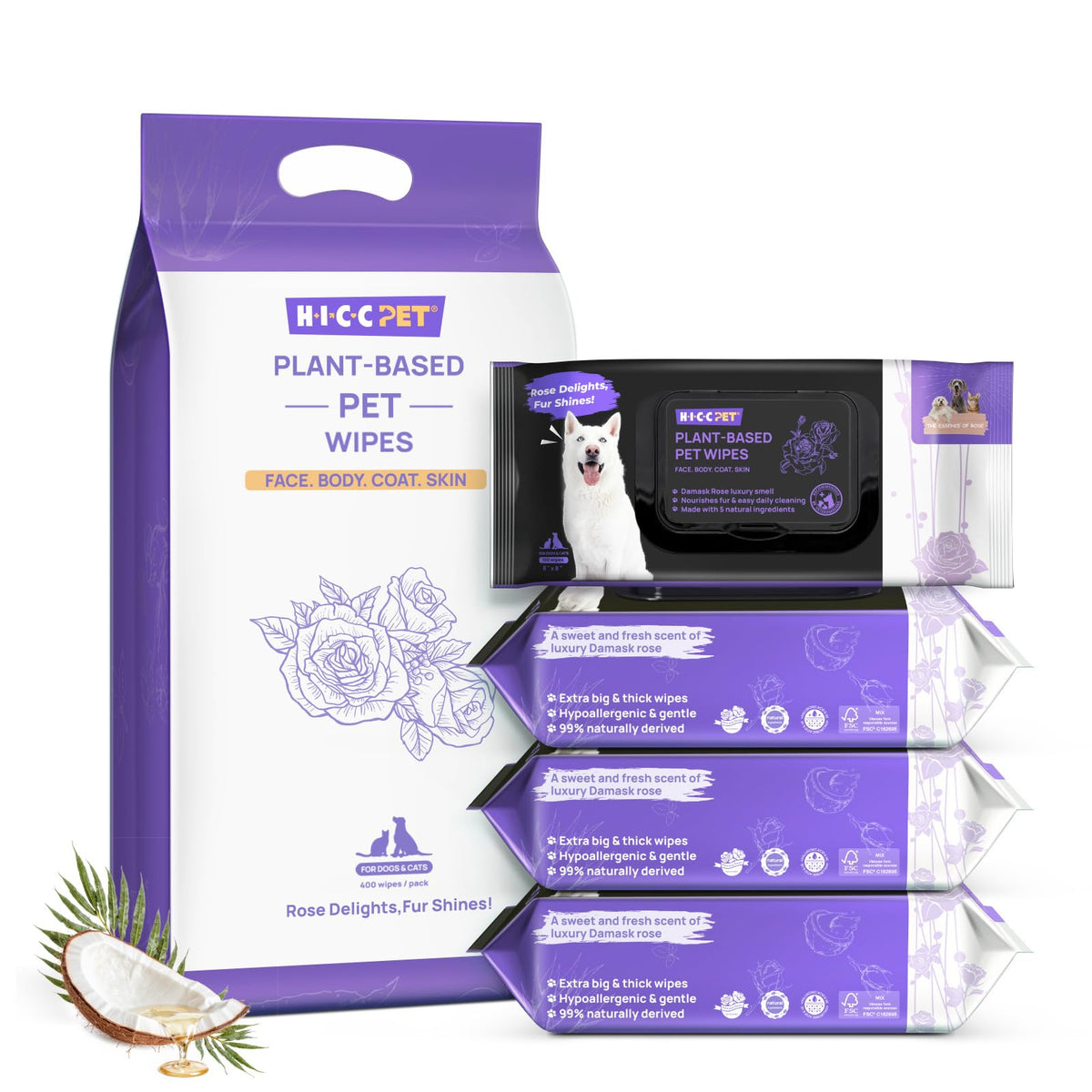 HICC PET toallitas rosas para patas y cuerpo, limpieza suave y desodorización diaria.
