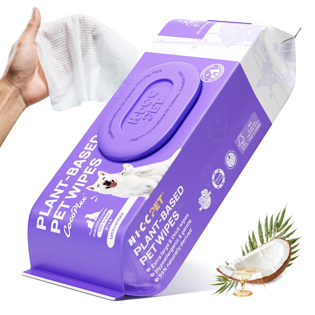 HICC PET toallitas para perros y gatos, limpian el pelaje y desodorizan suavemente.