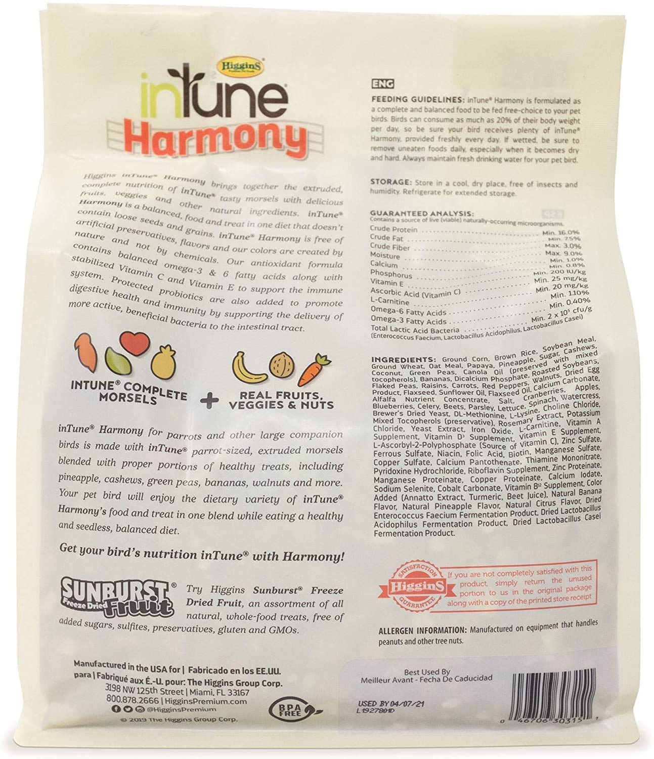 Higgins Intune Harmony, mezcla con frutas y nueces para variedad de sabor en aves