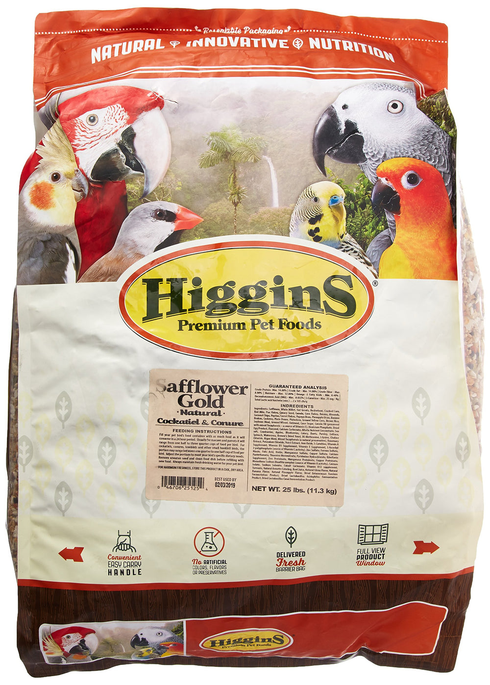 Higgins Oro de Cártamo para conuro y cotorra, bolsa de 25 libras, nutrición balanceada.