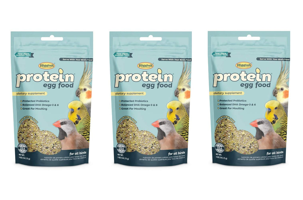 Higgins Protein Egg Food empaque-tres-paquetes-5-onzas para aves, nutrición equilibrada.