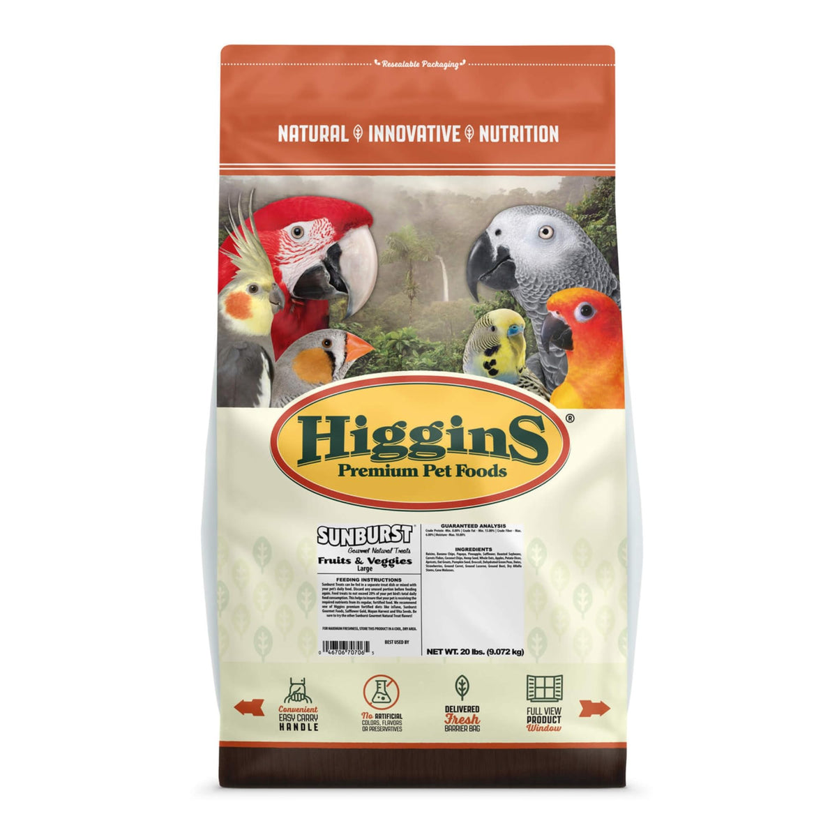 Alimento Higgins Sunburst para loros grandes en empaque compacto para almacenamiento seguro.