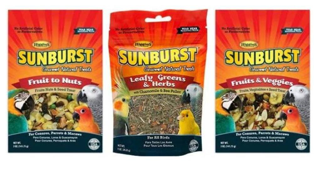 Higgins Sunburst Gourmet: frutas y nueces, snack natural para aves activas.