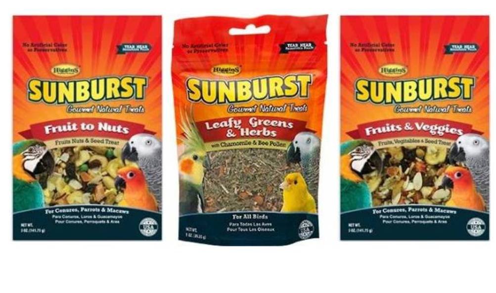 Higgins Sunburst Gourmet: frutas y nueces, snack natural para aves activas.