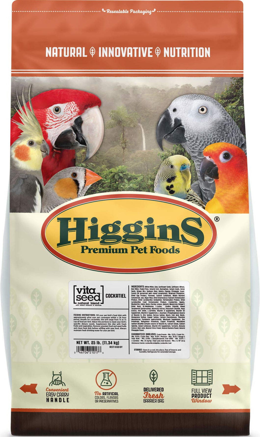 Higgins Vita Seed para cotorras: mezcla de semillas y pellets fortificados para aves