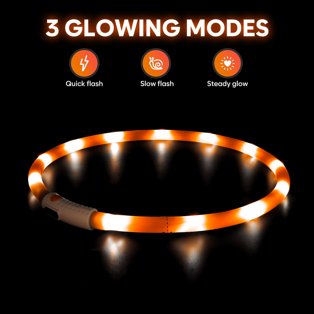 Collar Higo LED recargable con USB, cómodo para paseos largos.