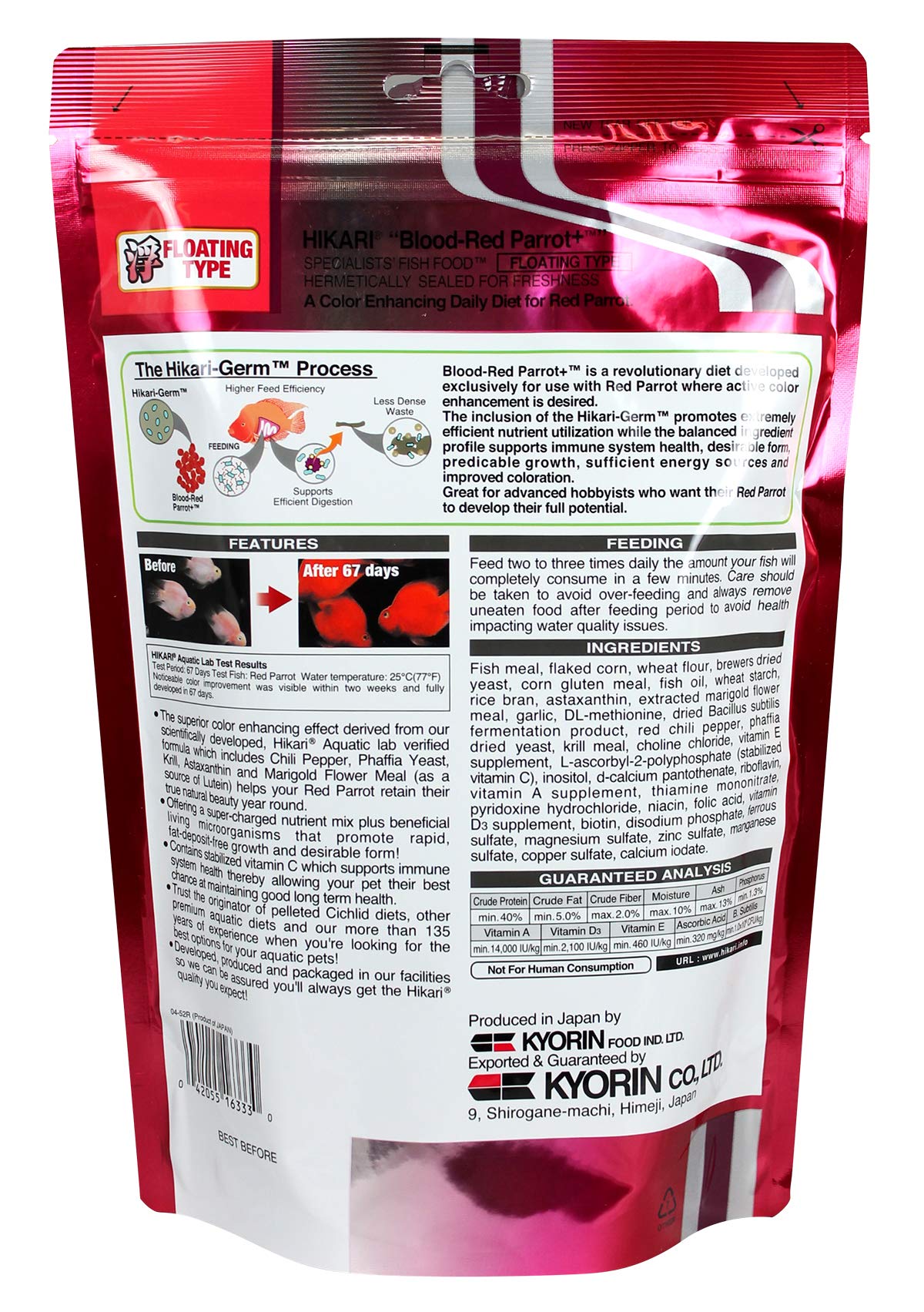 Pellet mediano de Hikari para loro rojo sangre, favorece coloración y desarrollo estable.