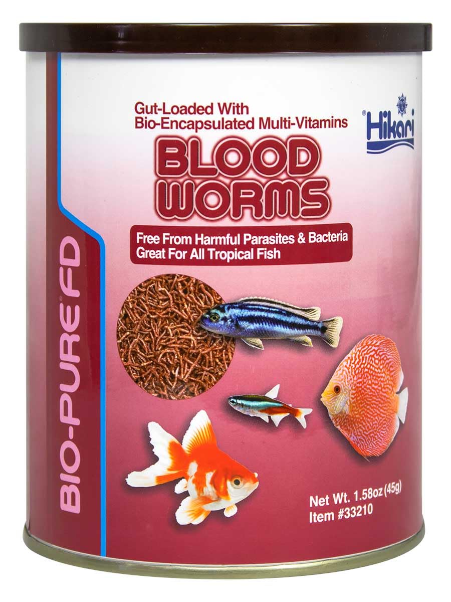 Hikari Bio-Pure gusanos de sangre deshidratados en envase, presentación conveniente para alimentación precisa.