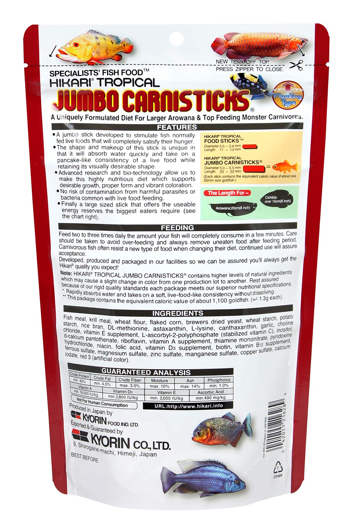 Hikari Carnisticks Jumbo Tropical libre de parásitos para acuarios.