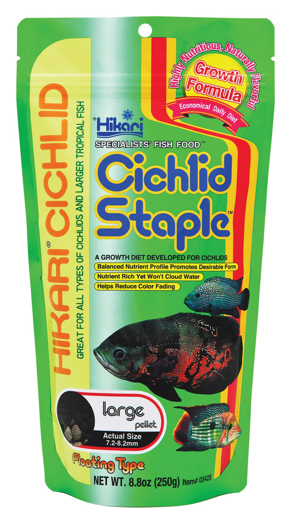 Hikari Cíclicos Base, pellets flotantes grandes en empaque, ideal para medir la ingesta diaria.