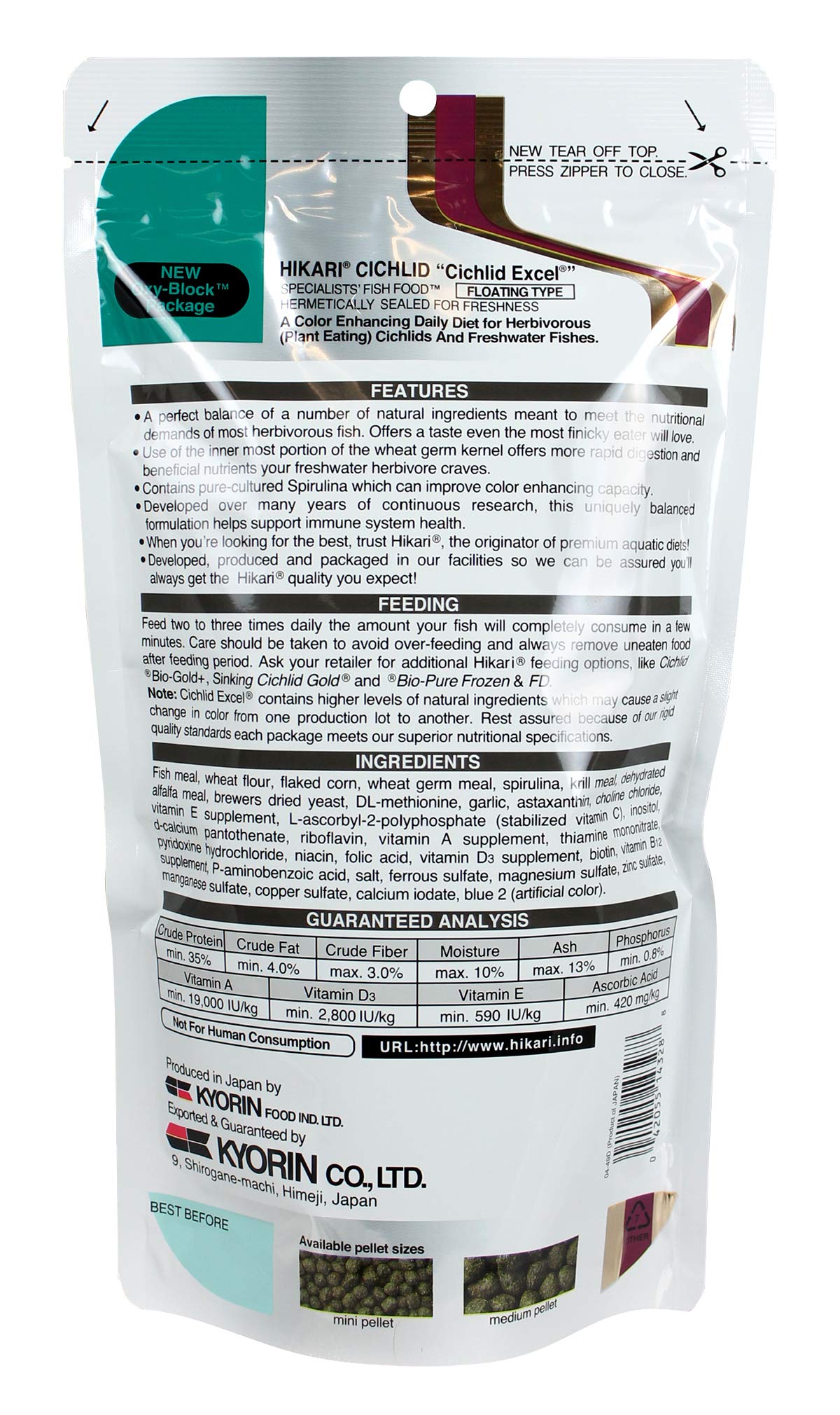 Hikari Cíclidos Excel, alto germen de trigo para nutrición estable.