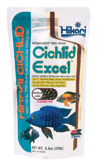 Hikari Cichlid Excel pellets, vista frontal de la botella para monitorear ingesta.
