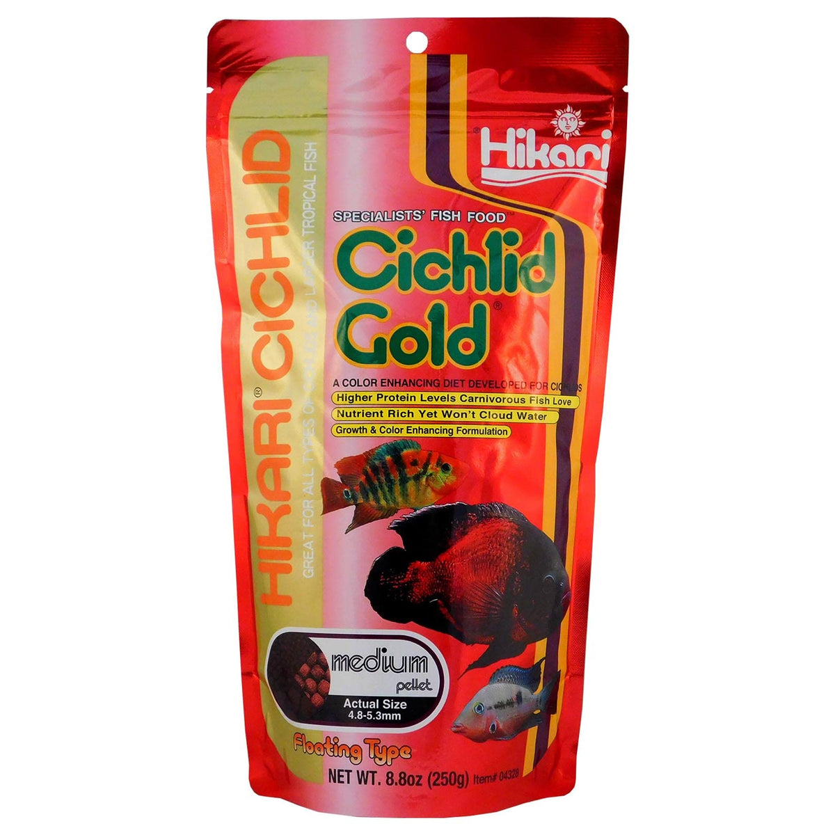 Hikari Cichlid Gold gránulos en empaque, alimentación diaria para cíclidos.
