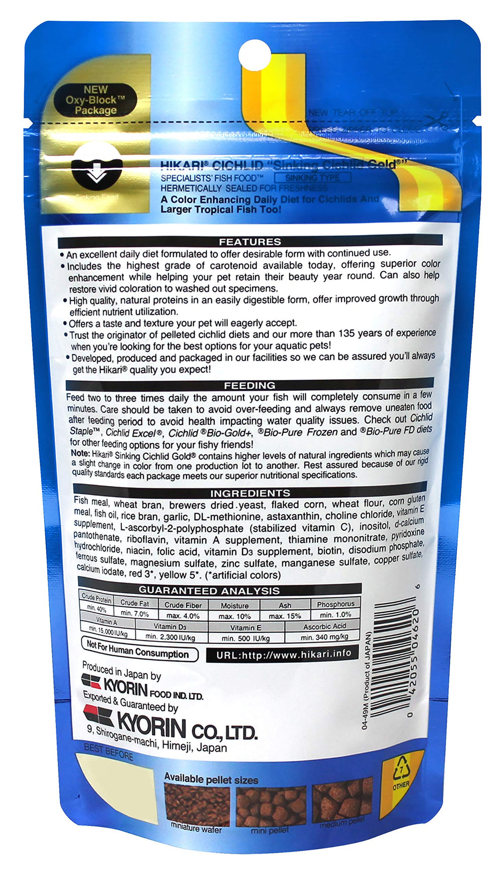 Pellets de Hikari Ciclidos Oro que se hunden, ideal para acuario.
