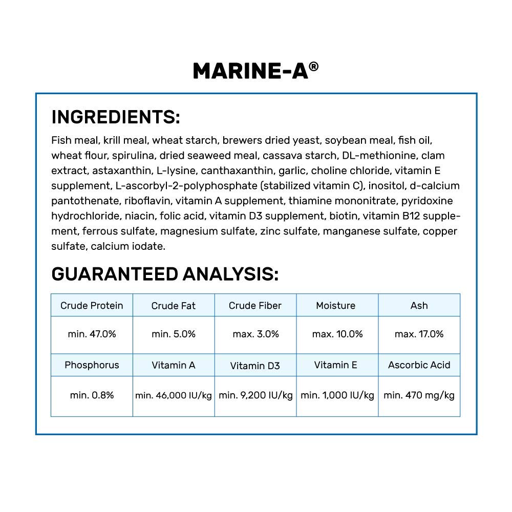 Hikari Marine-A aporta DHA y EPA con algas y espirulina para la nutrición.