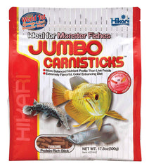 Frente de la caja Hikari Palitos Carnívoros Gigante 500 g, dieta diaria para carnívoros grandes.