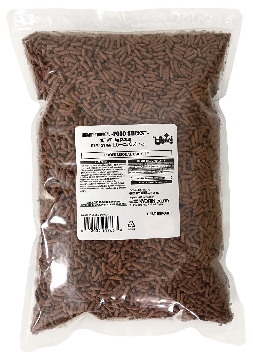 Hikari palitos flotantes para mascotas en bolsa de 1 kilogramo, promueven dieta equilibrada.