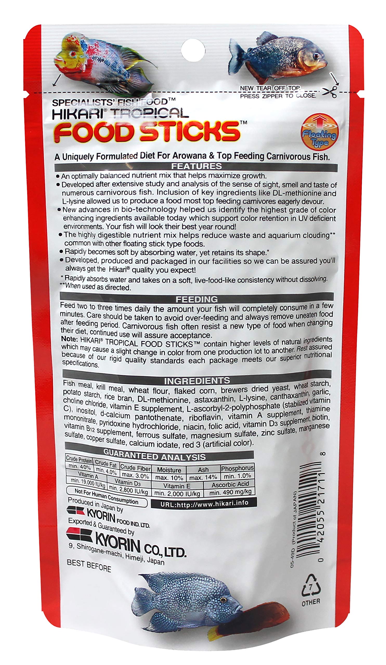 Palitos tropicales Hikari 250 g mostrando textura estable ideal para alimentación diaria.