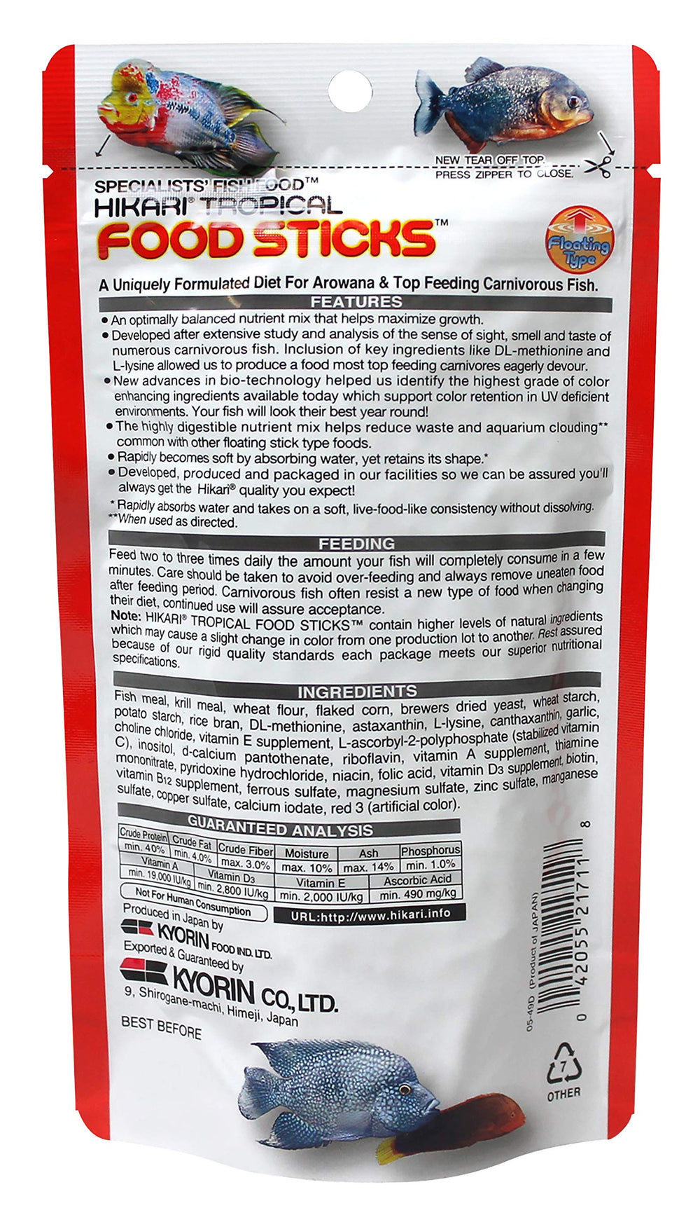 Palitos tropicales Hikari 250 g mostrando textura estable ideal para alimentación diaria.
