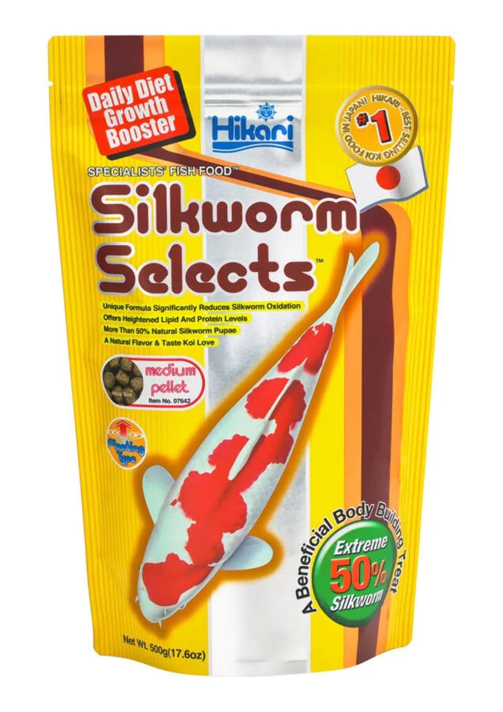 Hikari Silkworm Selects, envase de alimento para koi, favorece dieta equilibrada.