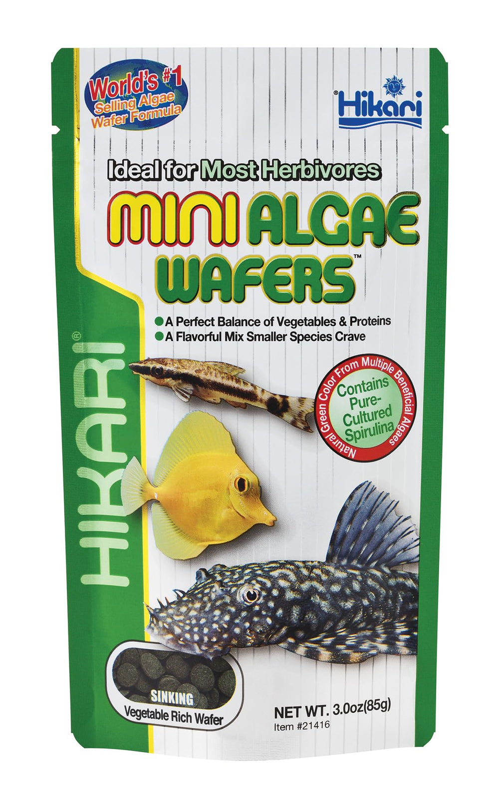 Obleas de algas Hikari en empaque, alimento equilibrado para peces herbívoros.