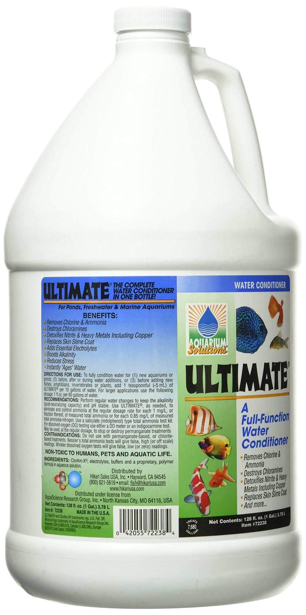 Hikari Ultimate Condicionador de Agua, etiqueta visible, guía rápida para acuarios saludables.