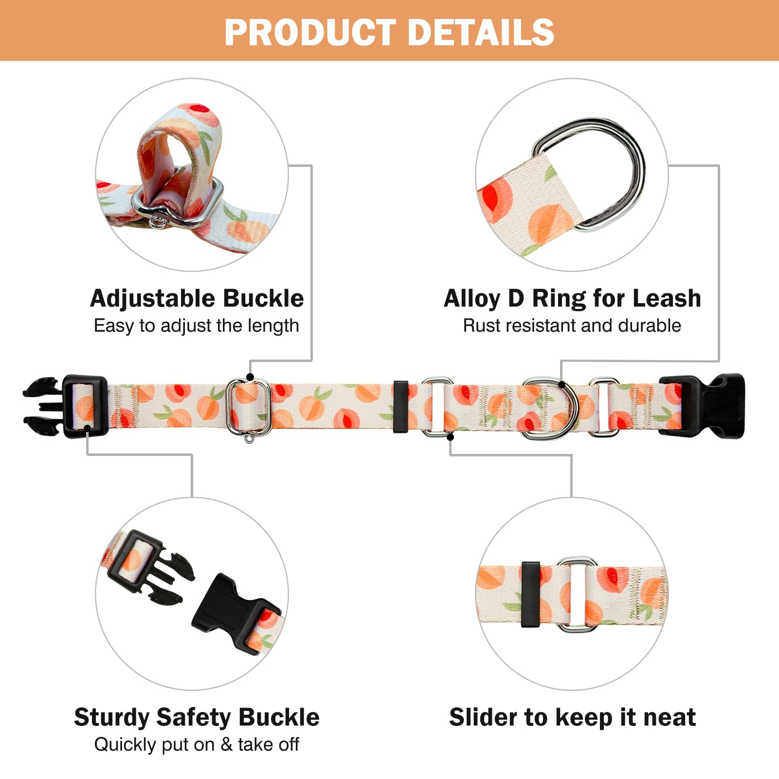 Hikiko Peach, diseño floral, collar atractivo para perros de todas las tallas.