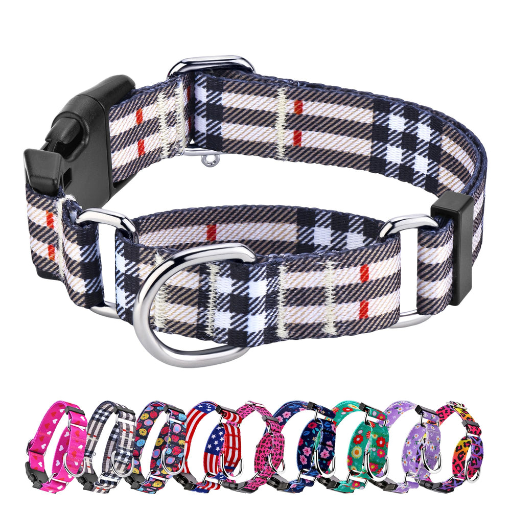 Collar Hikiko para perro con martingala en nylon beige con cuadros, cómodo para uso diario.