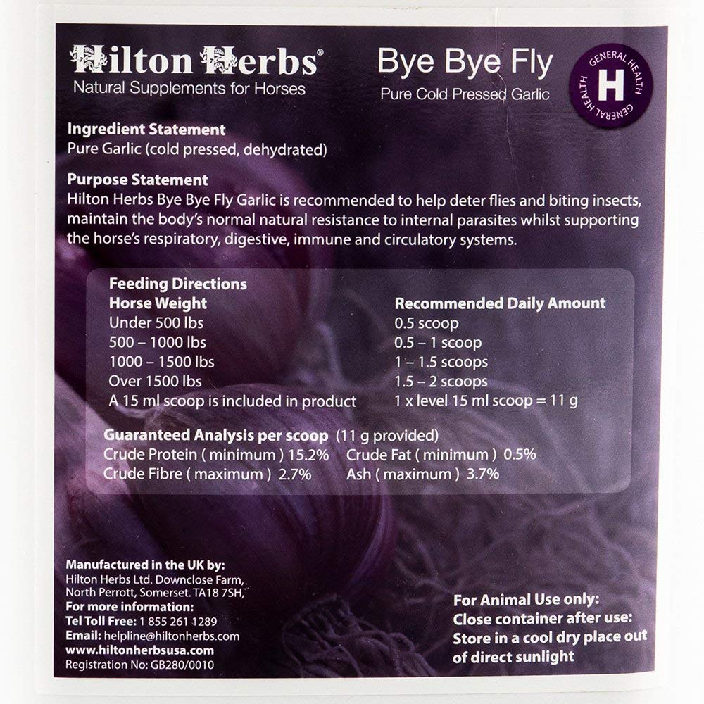 Hilton Herbs Bye Bye Fly granulos de ajo, envase 2.2 lb, refuerzo al sistema inmune para caballos.