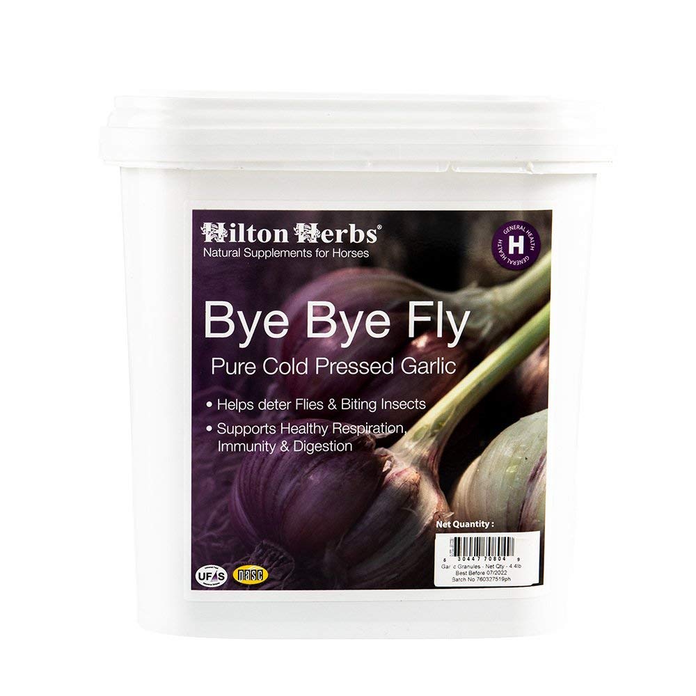 Hilton Herbs Bye Bye Fly granulos de ajo, envase 4.4 lb, apoyo digestivo para caballos.