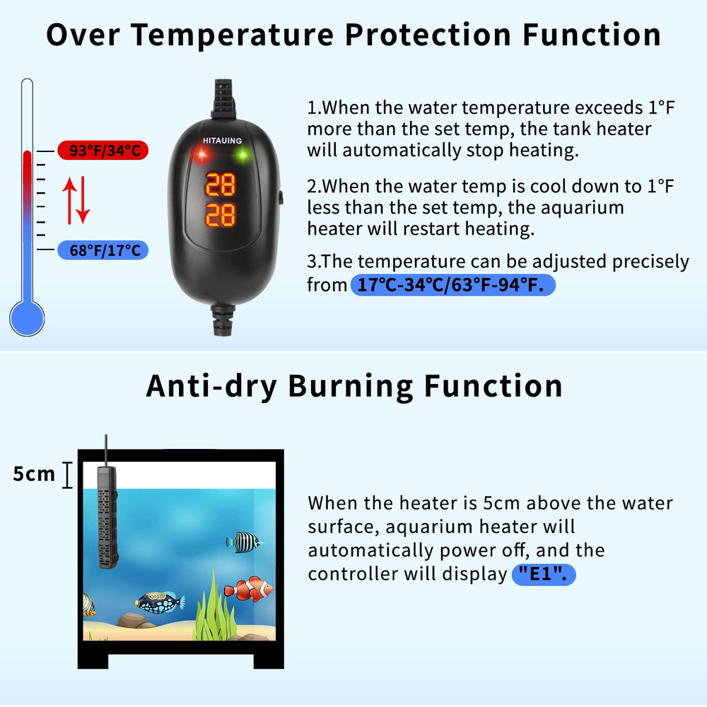 HiTauing calentador de acuario 100W, temperatura estable para acuarios medianos.