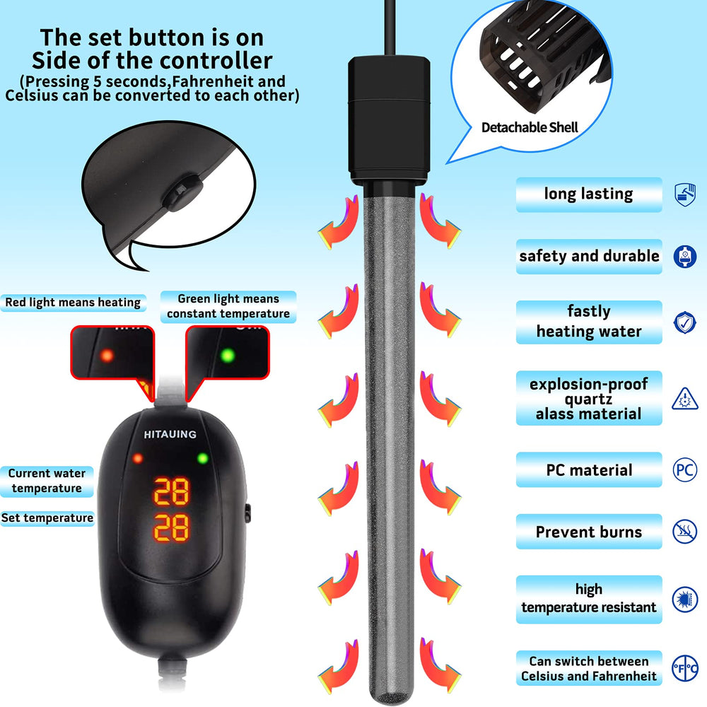 HiTauing calentador de acuario con control externo facilita lectura de temperatura.